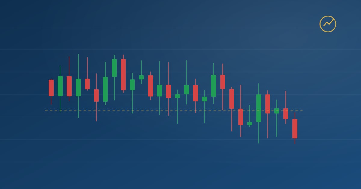 A candlestick chart against a dark blue gradient, with a gold dashed line running under the lows.