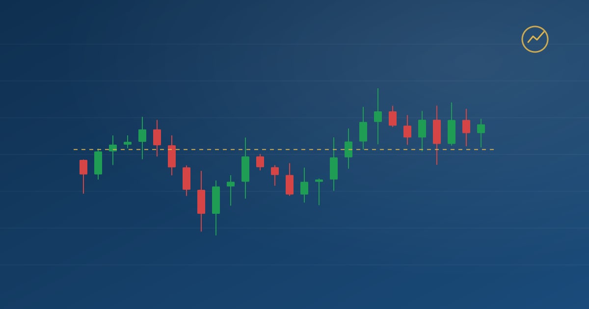 A candlestick chart sliding lower from left to right across a dark blue background, with a gold dashed line below.