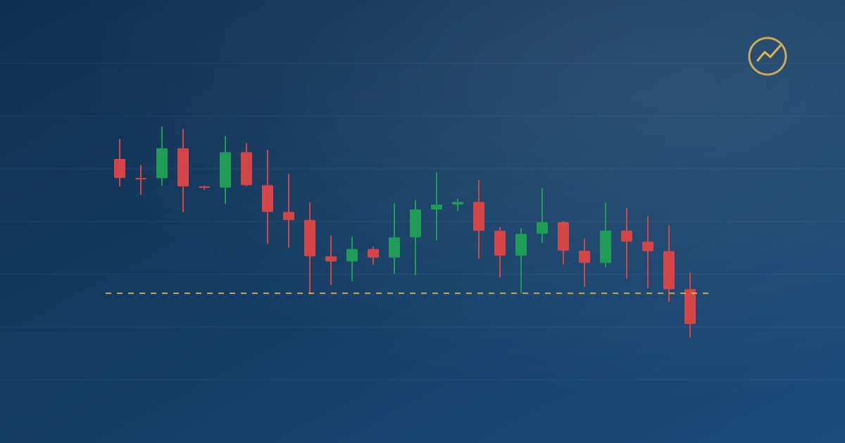 A broad declining sequence of candles on a dark chart, with a gold dashed line above.