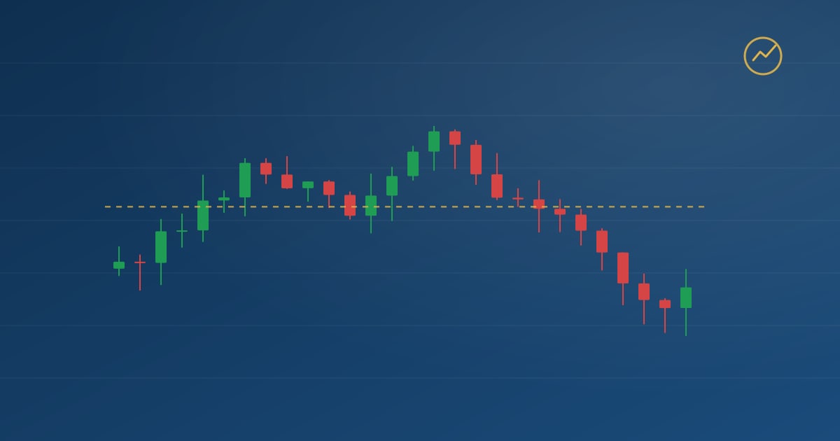 A strong rising run of green candles on a dark chart, with a gold dashed line at the base.
