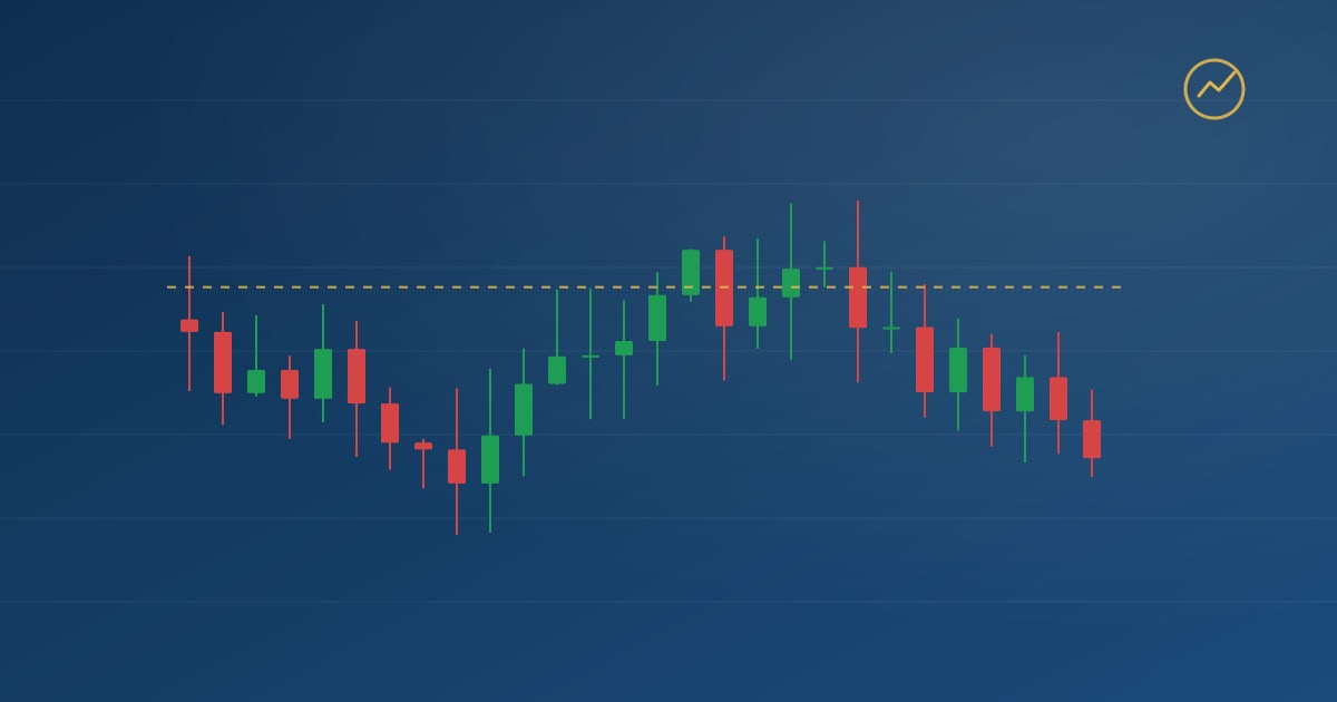 A choppy candlestick chart on a dark blue background with a gold dashed baseline.