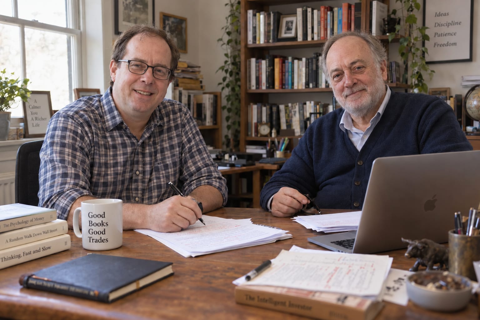 Ellis Hartley and Graham Whitlock at the Stock Tips Daily desk, marking up a draft guide.